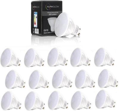 AURAGLOW Super Bright 5.3w LED GU10 Light Bulb, Warm White, 70w EQV - 550 Lumen - 3000k - RETROFIT - 16 PACK