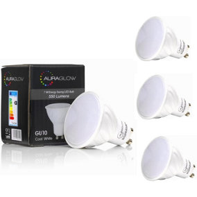 AURAGLOW Super Bright 5.5w LED GU10 Light Bulb, Daylight Cool White 6500k - RETROFIT - 550 lumen - 70w EQV - Four Pack