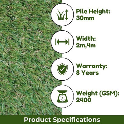 Aurelie 30mm Artificial Grass, Pet-Friendly Artificial Grass, 8 Years Warranty, Plush Fake Grass-11m(36'1") X 4m(13'1")-44m²