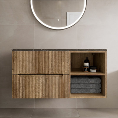 Aurora 1000mm Bathroom Vanity Unit Grey Marble Countertop Wall Hung Fluted Oak Unit