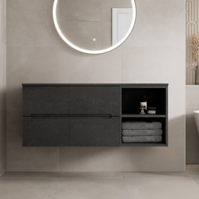 Aurora 1200mm Bathroom Vanity Unit Black Countertop Wall Hung Fluted Black Unit