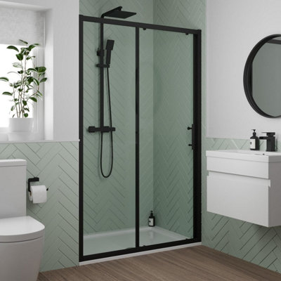 Aurora 1400mm Sliding Shower Door 6mm Glass Black Framed Modern Bathroom