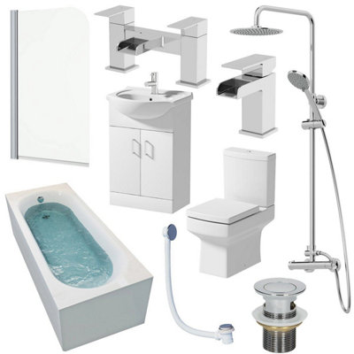 Aurora 1600mm Bathroom Suite Single Ended Bath Shower Screen Vanity Basin Taps Toilet