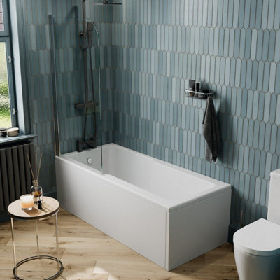 Aurora 1700 x 750mm Straight Shower Bath Tub Single Ended Acrylic Chrome Shower Screen
