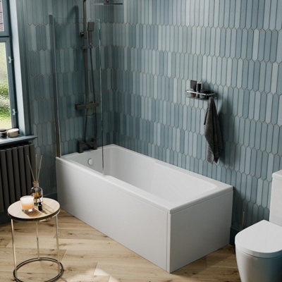 Aurora 1700 x 750mm Straight Shower Bath Tub Single Ended Acrylic Chrome Shower Screen