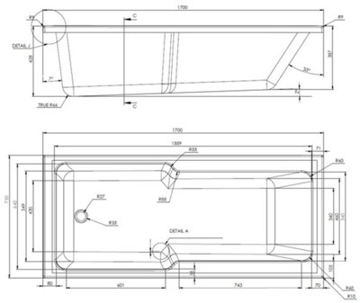 Aurora 1700 x 750mm Straight Shower Bath Tub Single Ended Acrylic Chrome Shower Screen
