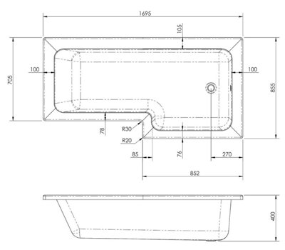 Aurora 1700mm L Shaped Left Hand Shower Bath 5mm Glass Screen Towel Rail Bath Tub