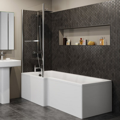 Aurora 1700mm L Shaped LH Shower Bath Glass Screen Rail Front End Panel Bathroom