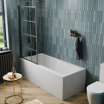 Aurora 1700x750 Straight Shower Bath Tub Single Ended Acrylic Black Grid Shower Screen