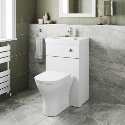 Aurora 2 in 1 Toilet Basin Combi Unit Back to Wall BTW White Gloss Space Saving 500mm