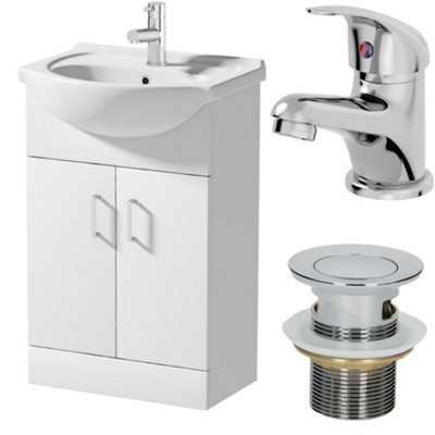 Aurora 550mm Freestanding Bathroom Vanity Unit Basin Sink White Tap & Waste Bundle