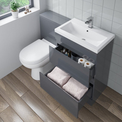 Aurora 600mm Bathroom Drawer Vanity Unit Basin Toilet Soft Close Seat Modern Gloss Grey