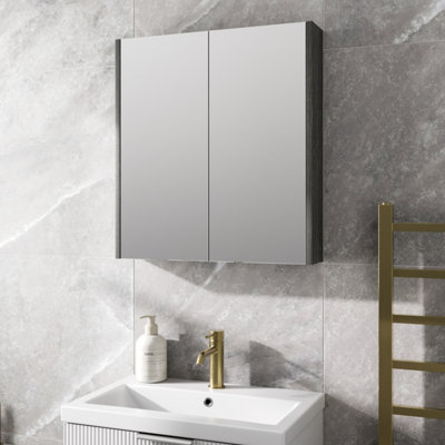 Aurora 600mm Bathroom Mirror Cabinet 2 Door Storage Cupboard Wall Mounted Charcoal Grey