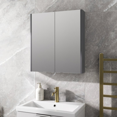 Aurora 600mm Bathroom Mirror Cabinet 2 Door Storage Cupboard Wall Mounted Grey Gloss