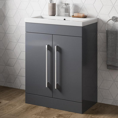 Aurora 600mm Bathroom Vanity Unit Basin Storage Cabinet Furniture Grey Gloss Modern