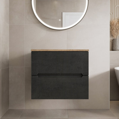 Aurora 600mm Bathroom Vanity Unit Oak Countertop Wall Hung Fluted Black Unit No Basin