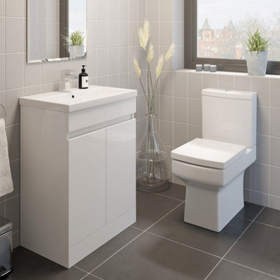 Aurora 600mm Gloss White Bathroom Vanity Unit Basin Soft Close Square Toilet Modern