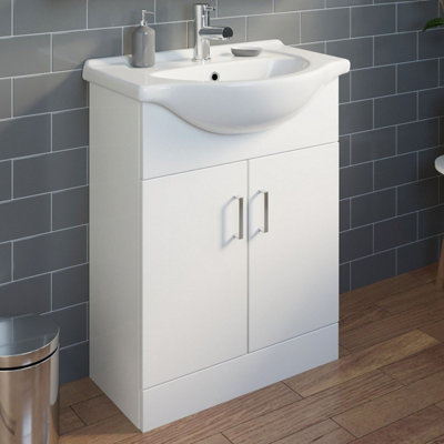 Aurora 650mm Bathroom Vanity Unit & Basin Sink White Gloss Floorstanding Tap + Waste