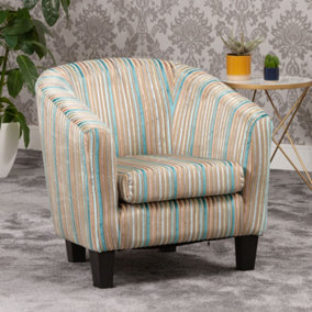 Aurora 69cm wide Aqua Gold Silver Striped Fabric Tub Chair with Dark and Light Wooden Legs