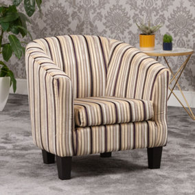 Aurora 69cm wide Black Brown Silver Striped Fabric Tub Chair with Dark and Light Wooden Legs