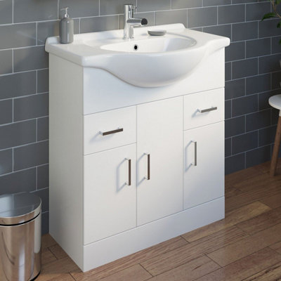 Aurora 750mm Bathroom Vanity Unit & Basin Sink Floorstanding Gloss White Tap + Waste