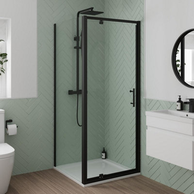 Aurora 800 x 800mm Pivot Shower Door Side Panel Enclosure 6mm Glass Black Framed