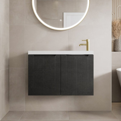 Aurora 800mm Bathroom Cloakroom Vanity Unit Basin Sink Wall Hung Storage Fluted Black