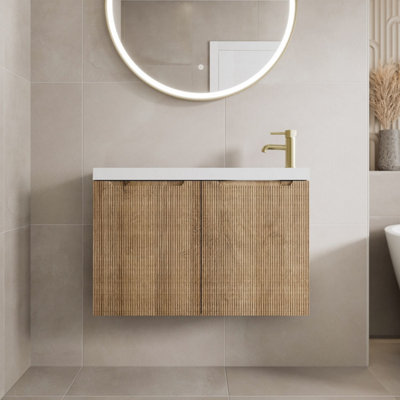 Aurora 800mm Bathroom Cloakroom Vanity Unit Basin Sink Wall Hung Storage Fluted Oak