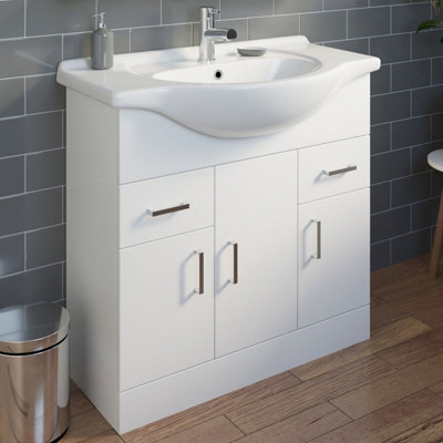 Aurora 850mm Bathroom Vanity Unit & Basin Sink Floorstanding Gloss White Tap + Waste