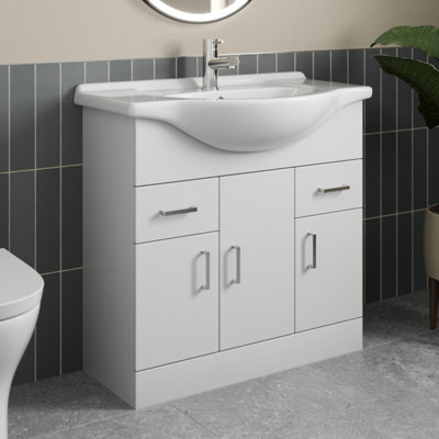 Aurora 850mm Freestanding Bathroom Vanity Unit Basin Sink Cabinet Cupboard White Gloss