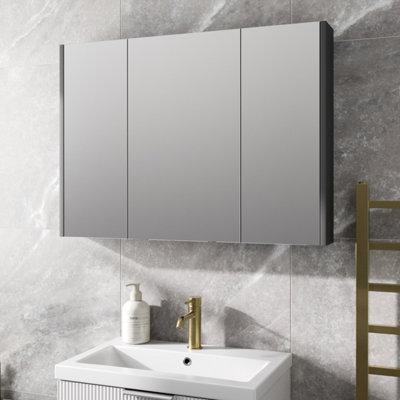 Aurora 900mm Bathroom Mirror Cabinet 3 Door Storage Cupboard Wall Mounted Grey Gloss