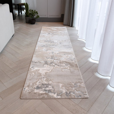 Aurora AU02 Grey Cloud Modern Marble Runner Rug for Hallway - Long 66x240cm