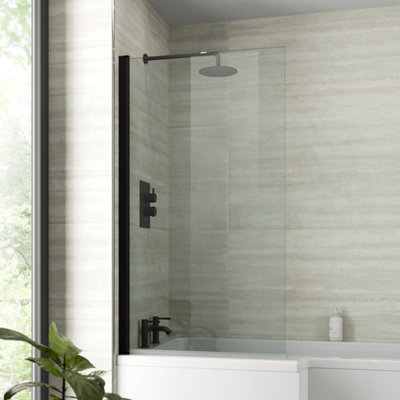 Aurora Bath Shower Screen Door Hinged 800mm Frameless Black Clear Safety Glass Panel