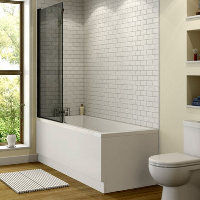 Aurora Bathroom 1600mm Single Ended Straight Bath 6mm Shower Screen Front Panel White