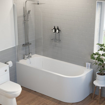Aurora Bathroom 1700mm J Shape Left Hand Bath Shower Screen Front Panel Corner Bathtub