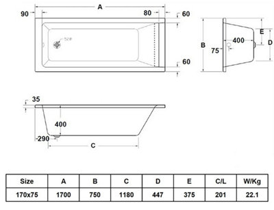 Aurora Bathroom 1700mm Single Ended Straight Bath 6mm Shower Screen Front Panel White