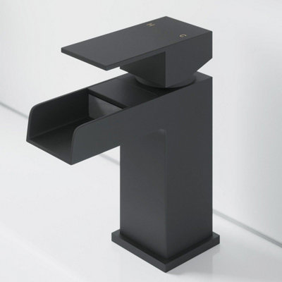 Aurora Bathroom Basin Sink Mixer Tap Black Mono Waterfall Lever Modern