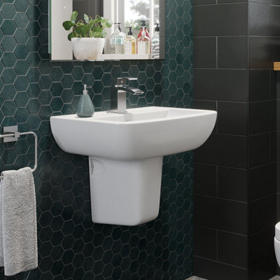Aurora Bathroom Basin Sink Single Tap Hole Semi Pedestal Wall Hung Modern White Curved