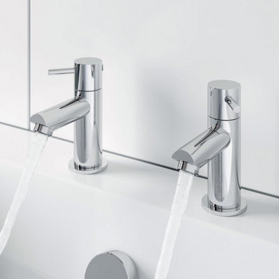 Aurora Bathroom Bath Taps Hot & Cold Pair Twin Brass Round Lever Handle Modern Chrome