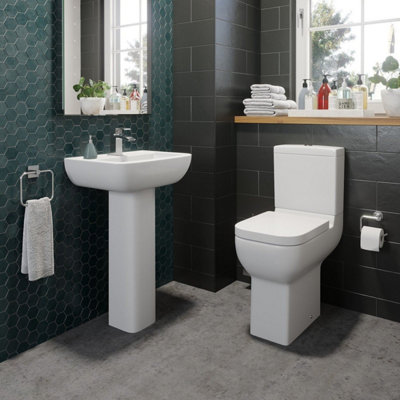 Aurora Bathroom Cloakroom Suite Comfort Height Toilet WC Basin Pedestal White Gloss