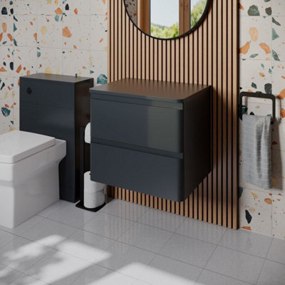 Aurora Bathroom Cloakroom Vanity Unit 600mm Wall Hung Cabinet Drawer Anthracite Grey