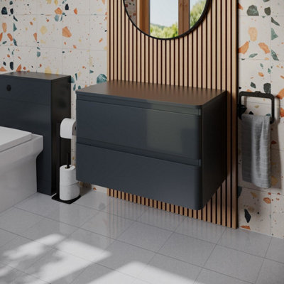 Aurora Bathroom Cloakroom Vanity Unit 800mm Wall Hung Cabinet Drawer Anthracite Grey