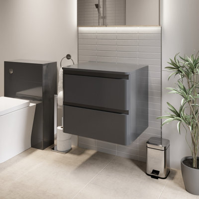Aurora Bathroom Cloakroom Vanity Unit Wall Mounted Storage Cabinet Grey Gloss 600mm