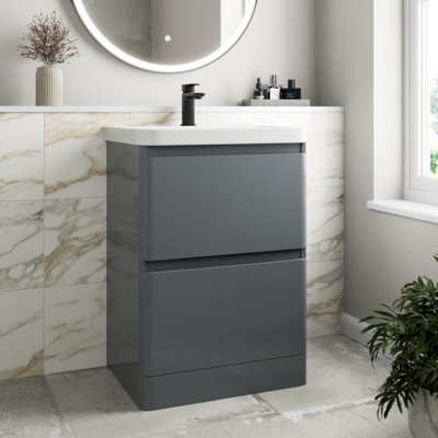 Aurora Bathroom Cloakroom Vanity Unit Wash 600 Basin Base Cabinet Drawers Storage Grey