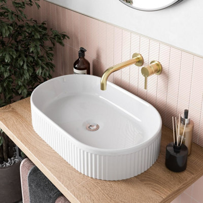 Aurora Bathroom Countertop Basin Sink Fluted Gloss White Oval Modern 573 x 358mm