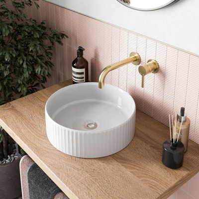 Aurora Bathroom Countertop Basin Sink Fluted Gloss White Round Modern 360 x 360mm