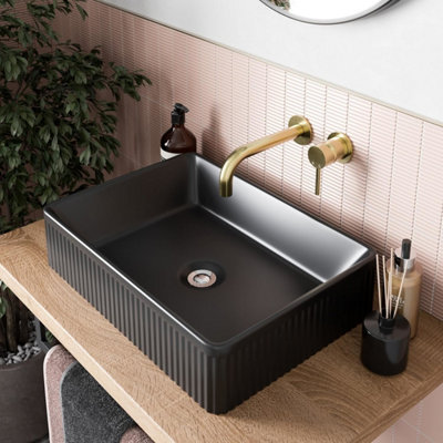 Aurora Bathroom Countertop Basin Sink Fluted Matt Black Rectangular Modern 503 x 365mm