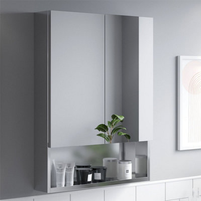 Aurora Bathroom Double Door Mirror Stainless Steel Shelf Modern Cabinet 800 x 600mm