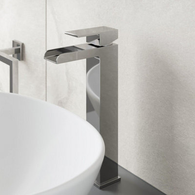 Aurora Bathroom High Rise Tall Mono Basin Mixer Tap Square Single Lever Modern Chrome