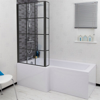Aurora Bathroom L Shaped Bath Black Grid Shower Screen LH Front End Panel White 1700mm